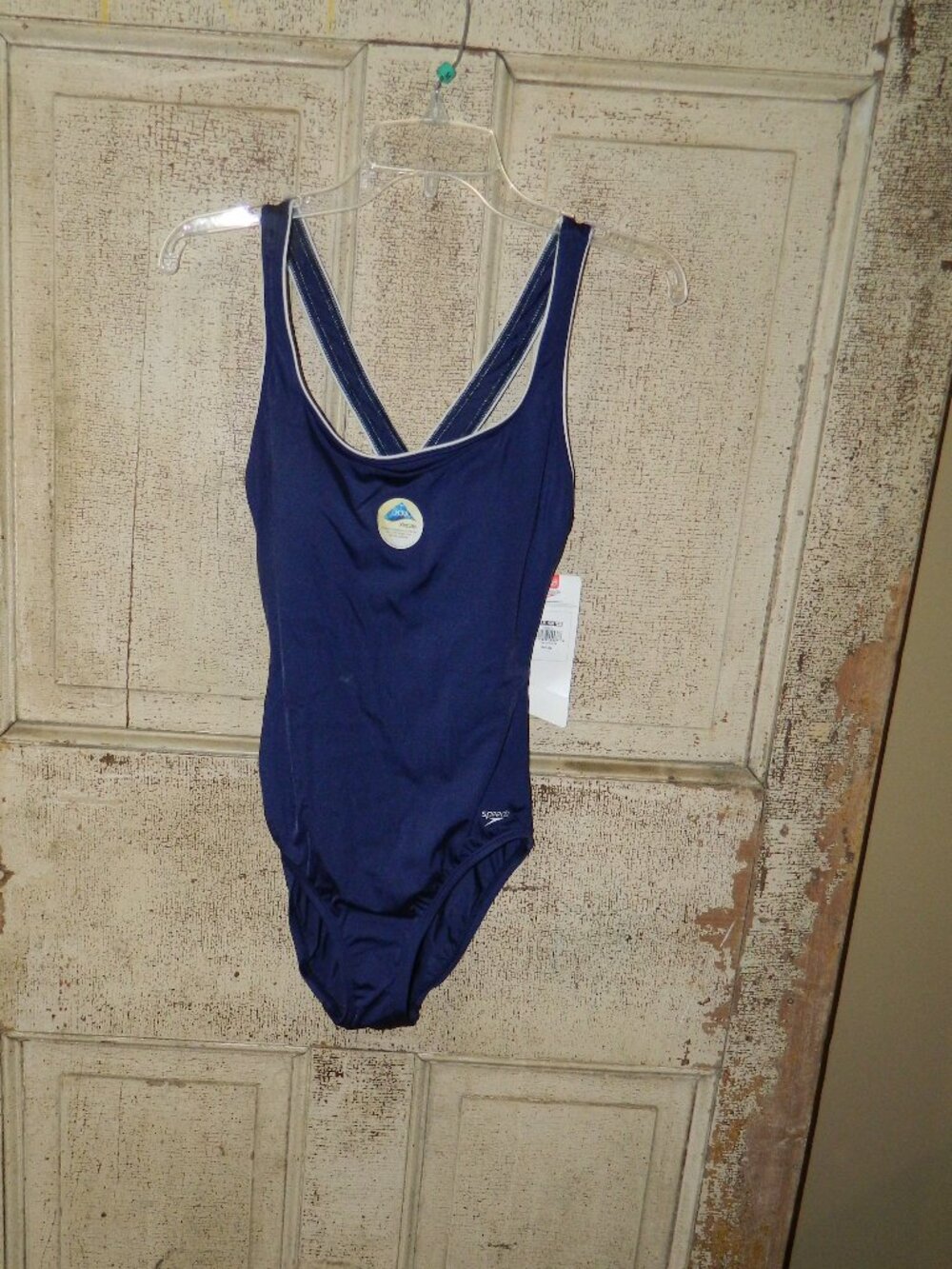 Speedo One-Piece Swimsuit Cross Back Blue White Piping Sz 8 (C-10)